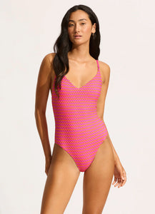 Seafolly Mesh Effect V Neck One Piece - Hot Pink