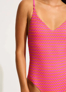 Seafolly Mesh Effect V Neck One Piece - Hot Pink